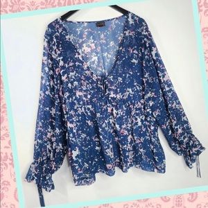 Mod Lusive Sheer Blue Spring Floral Deep V Top 1X 2X